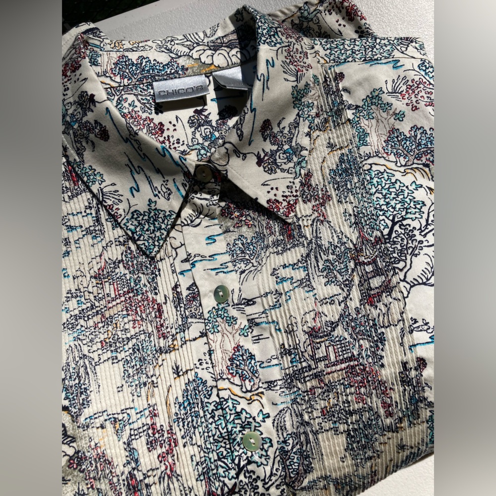 Chico's Asianscape Kira Button Down Shirt in Neutral Asian Landscape Botanical